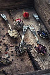 Image showing Accessories for tea in a vintage wooden box