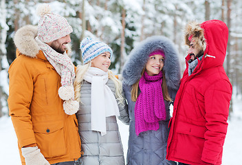 Image showing group of smiling men and women in winter forest