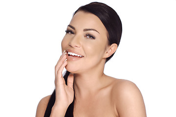 Image showing Happy Smiling Brunette Girl Posing on White