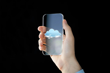 Image showing close up of male hand with transparent smartphone