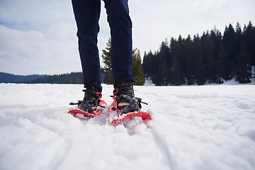 Image showing couple having fun and walking in snow shoes