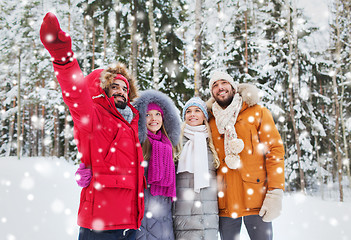 Image showing group of smiling men and women in winter forest