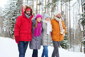 Image showing group of smiling men and women in winter forest