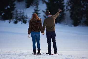 Image showing couple having fun and walking in snow shoes