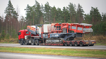 Image showing Scania Semi Truck Hauls Mobile Cone Crusher