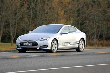 Image showing Silver Tesla Electric Car On the Road