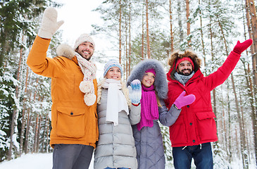 Image showing group of friends waving hands in winter forest