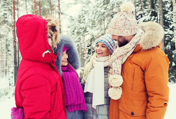 Image showing group of smiling men and women in winter forest