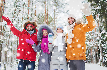 Image showing group of friends waving hands in winter forest