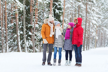 Image showing group of smiling men and women in winter forest