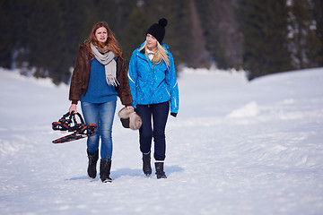 Image showing couple having fun and walking in snow shoes