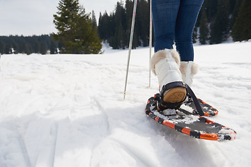 Image showing couple having fun and walking in snow shoes