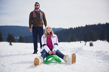 Image showing happy young couple having fun on fresh show on winter vacation