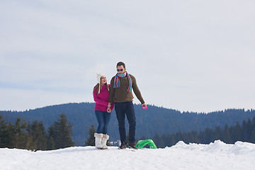 Image showing happy young couple having fun on fresh show on winter vacation