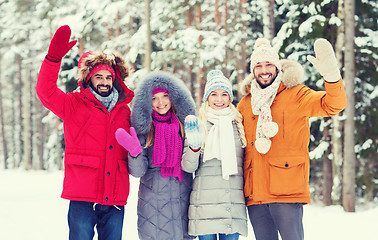 Image showing group of friends waving hands in winter forest