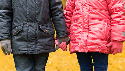 Image showing close up of girl and boy holding hands outdoors