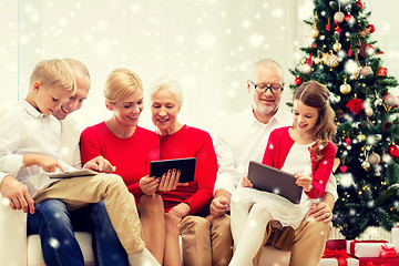 Image showing smiling family with tablet pc computers at home