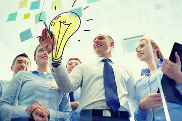 Image showing smiling business people with marker and stickers