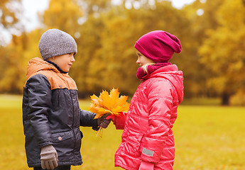 Image showing little boy giving autumn maple leaves to girl