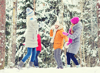 Image showing group of happy friends playing snowballs in forest