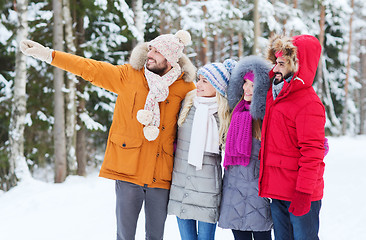 Image showing group of smiling men and women in winter forest