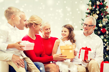 Image showing smiling family with gifts at home