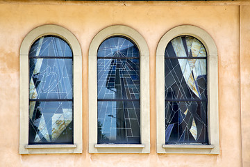 Image showing jerago cross church   window   and mosaic wall  