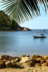 Image showing asia   beach    rocks pirogue palm and south china sea 