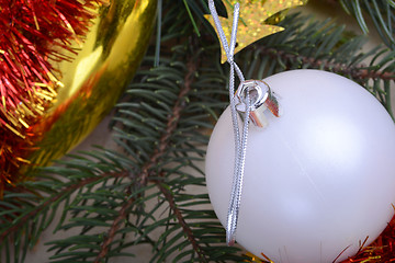 Image showing Merry Christmas and Happy New Year. New year decoration. New year balls