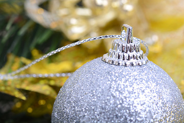 Image showing Christmas background with baubles and beauty bokeh, new year concept, close up