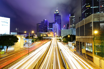 Image showing Car light trails and urban landscape in Hong Kong