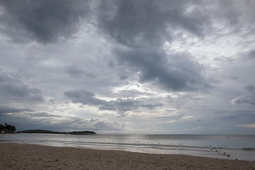 Image showing Beach on tropical island. Clear blue water, sand, clouds. 