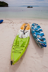 Image showing Colorful kayaks on beach in Thailand