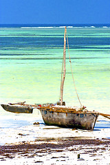 Image showing zanzibar beach  seaweed    sand isle  sky and boat