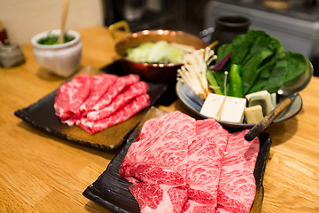 Image showing Fresh Beef, pork slices and seafood for Sukiyaki