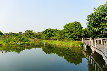 Image showing Lake and wooden bridge