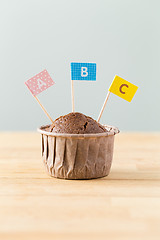 Image showing Chocolate muffins with small flag of word ABC