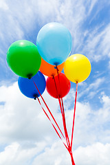 Image showing Bunch of colorful balloons in blue sky