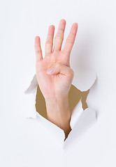 Image showing Four finger breaking through paper wall