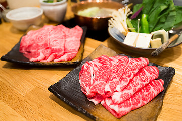 Image showing Fresh Beef and pork slices for Shabu shabu and Sukiyaki