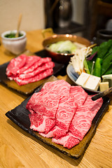 Image showing Fresh Beef and pork slices for Sukiyaki