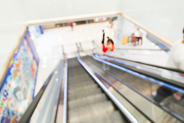 Image showing Unfocused view of shopping mall from escalator 