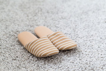 Image showing Brown slippers on gray carpet