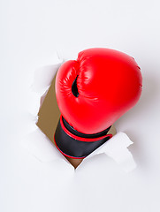 Image showing Boxing glove through a hole in paper