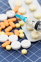 Image showing Tablets and syringe on grid mat