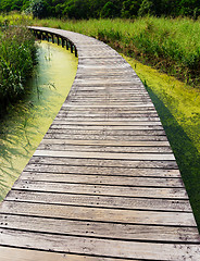 Image showing Wooden footpath and lake