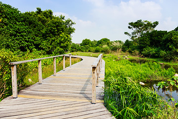 Image showing Wooden bridge in forest