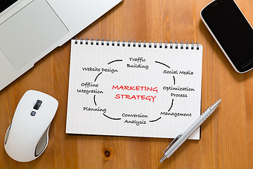 Image showing Office table with handbook drafting about marketing Strategy con