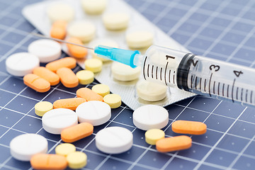 Image showing Heap of medicine pills and injection syringe