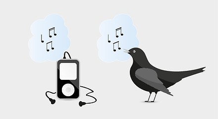 Image showing music device with headphones and bird